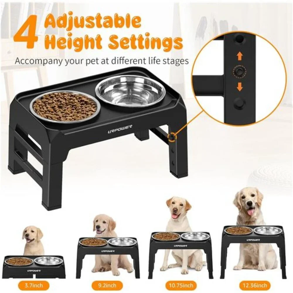 4 Height Adjustable Elevated Dog Bowls -50oz Large Capacity Stainless Steel Bowl